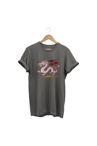 Mitolojik Asya Çin Ejderha Baskılı %100 Pamuk Regular Fit Bisiklet Yaka Gri T-shirt Gri