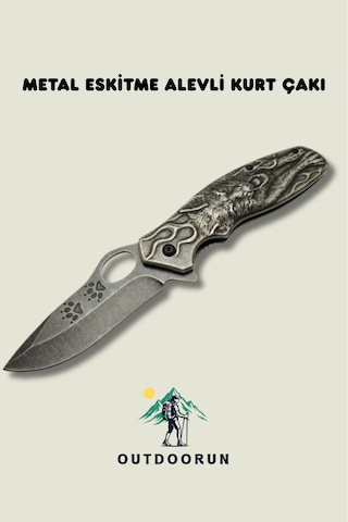 Metal Eskitme Alevli Kurt Kamp Çakı - 21 Cm siyah