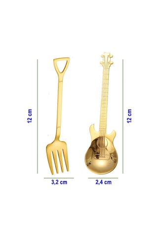 Jojobebek Gold Renk Gitar Tasarımlı Paslanmaz Çelik Kaşık ve Paslanmaz Çelik Çatal + Saklama Kutusu Sarı