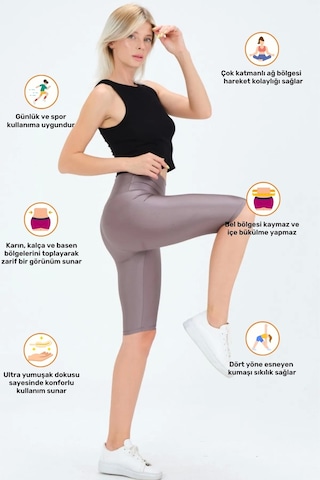 Enenstyle Fashıon Boutıque Yeni Sezon Özel Üretim Toparlayıcı Yüksek Bel Parlak Kumaş Iç Göstermeyen Dizüstü Spor Tayt Gri