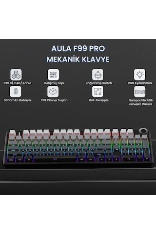 Aula F99 Pro 3 Modlu Rgb Hot Swap Mekanik Nimbus V3 Switch Kablosuz Makrolu Klavye Gradyan Gri