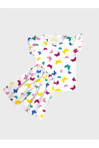 Aliş Kids Kız Çocuk Pamuklu Beyaz Desenli Kolları Fırfırlı Şortlu Yazlık Pijama Takımı