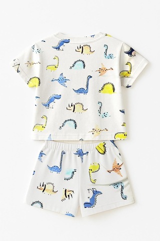 Luess Erkek Çocuk Dino %100 Pamuk Kısa Kollu Pijama Takımı 3-4 Yaş 8-9 Yaş Beyaz