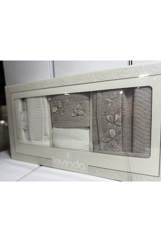 Levinda 3d Nakışlı Bornoz Takımı Krem-kahve