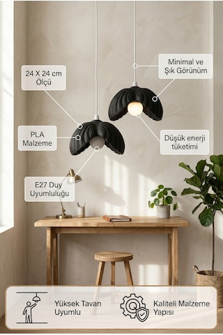2 Li Siyah Modern Sarkıt Aydınlatma - Organik Formlu Mutfak Masası Avizesi - Ayarlanabilir Boy E27 Duy