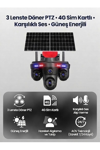 3 Lenste Hareketli Ptz Güvenlik Kamerası 4g Sim Kartlı Güneş Enerjili Gece Görüşlü 7/24 Kayıt
