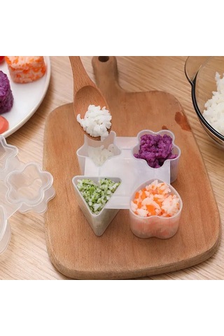 Kangvka Plastik Züccaciye Seti - Kaliteli Yemek Dereceli Malzeme İle 4 Farklı Şekil Kalp, Çiçek, Üçgen, Yıldız İle Pratik Sushi Ve Onigiri Yapımı Şeffaf - Beyaz