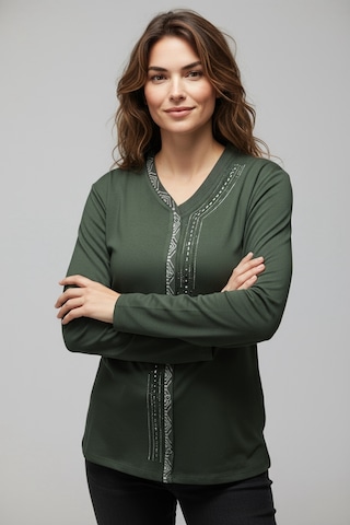 Kadın Önü Kapalı Düğme Detaylı Taşlı Nergis Mevsimlik Bluz Haki