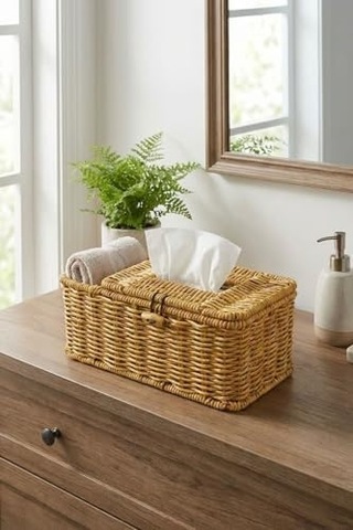 Bölmeli Kapaklı Doğal Rattan Görünümlü Hasır Organizer Sepet, Peçetelik, Makyaj Ve Takı Düzenleyici, Plastik, 24x10x10 Cm -