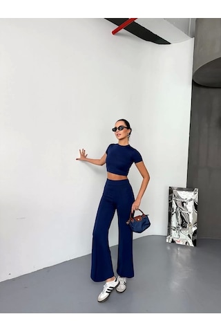 Mzpkartan Osy Modal Yumuşak Dokulu Kumaş Kısa Kollu Crop Alt İspanyol Paça Pantalon İkili Takım - Lacivert Lacivert