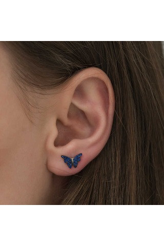 Kenpazar Gümüş Lacivert Kelebek Küpe Gümüş