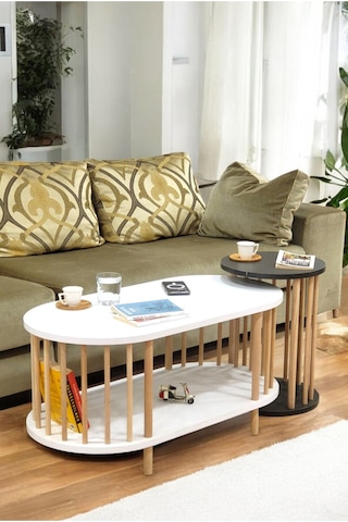 İkili Set Orta Sehpa Ahşap Ayaklı Sehpa İki Raflı Sehpa Dekoratif Sehpa Gazetelikli Beyaz - Antrasit