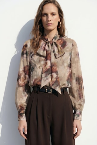 Sateen Fularlı Desenli Gömlek - Vizon-137422