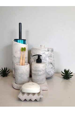Mermer Serisi Beton Banyo Seti,çöp Kovasi,tuvalet Fırçası Takimı,tepsi,sıvı Ve Katı Sabunluk, Gri
