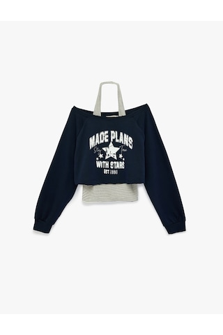 Koton Rahat Kalıp Uzun Kollu Boyundan Bağlama Detaylı Crop Baskılı Sweatshirt Lacivert 6sal10378ık