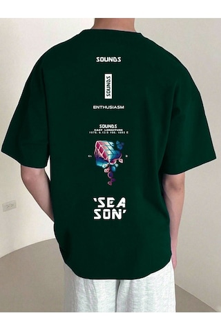 Erkek Nefti Yeşil Oversize Sea Son Baskılı Örme T-shirt Yeşil