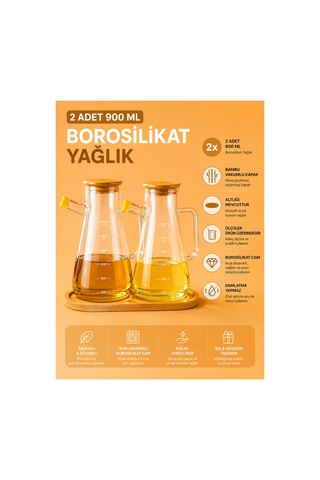2'li Bambu Kapaklı Bambu Stantlı Cam Yağlık Sirkelik Sosluk 900 Ml Şeffaf