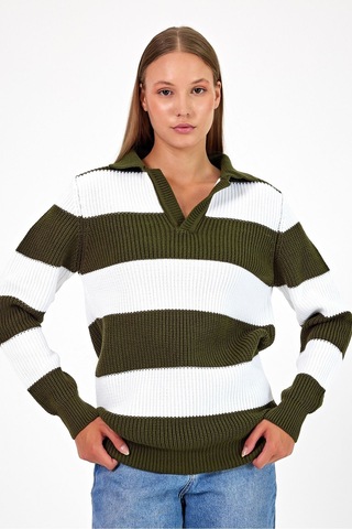 Cool Tarz Kadın Çizgili Şeritli Comfort V Polo Yaka Triko Haki Haki