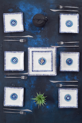 Piatti Naturali İkram Seti Nazar Çift Katlı Sunum Tabağı & 6 Lı Tatlı Tabağı