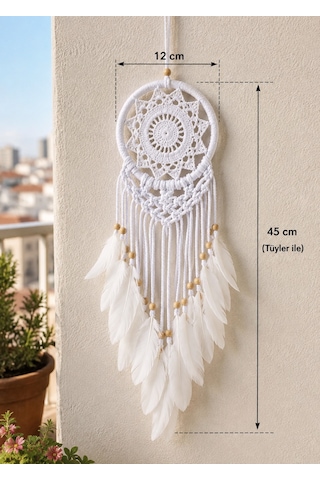 Beyaz Makrome Düş Kapanı 12 Cm Kasnak 45 Cm Tüylü Bohem Dekoratif Duvar Süsü