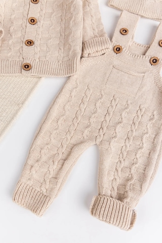 Triko Hırkalı 3'lü Ayarlanabilir Askılı Örgü Erkek Bebek Salopet Tulum Takım Set Bej