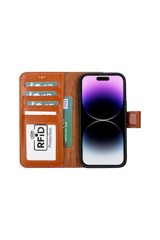 Plm Apple İphone 15 Plus Uyumlu Deri Cüzdanlı Kılıf Mwwn Rst2ef Taba Acı Kahverengi