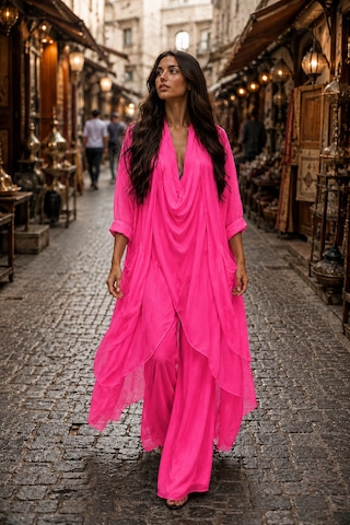 Bohem Stil Italyan Ipek Detaylı Oversize Kap Bluz- Wes Pantolon Takım Pembe