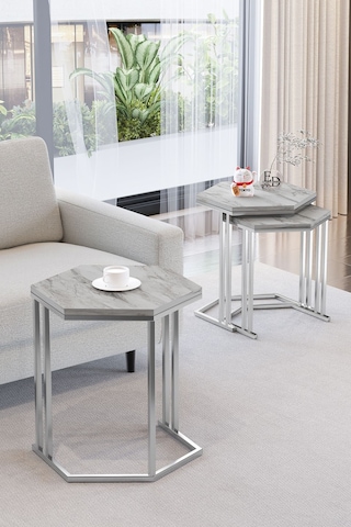 Tokyo 3'lü Zigon Sehpa Gümüş Metal - Beyaz Mermer Tabla