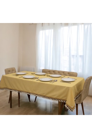 Dnc Home Tekstil Sarı Pamuk Keten Kahverengi Şerit Ponponlu Masa Örtüsü