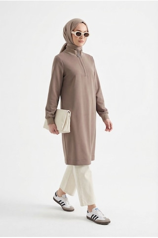 Armine Fermuar Detaylı Basic Tunik Vizon