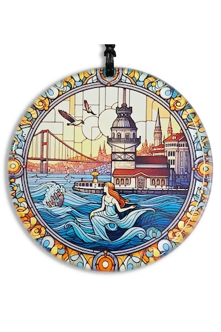 30 Cm Çap - İstanbul,kız Kulesi,deniz Kızı Füzyon Cam Duvar Süsü