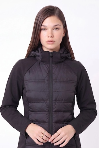 CEMO Kapüşonlu Softshell Kollu Şişme Kadın Mont Siyah