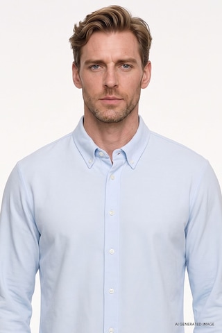 AC&Co / Altınyıldız Classics Erkek Acık Mavı Pamuklu Tailored Slim Fit Dar Kesim Düğmeli Yaka Örme Gömlek