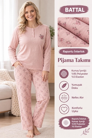 Boyraz Lindros Kadın Düğme Yaka Raporlu İnterlok Kışlık Battal Pijama Takımı 03017 - 1 Adet Pudra