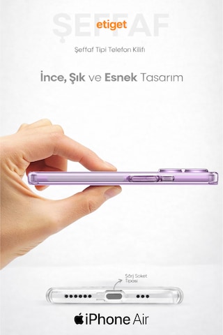 Apple Uyumlu iPhone Air Şeffaf Silikon Kılıf Şarj Yeri Tıpalı, Kenarları Kaymaz Şeffaf
