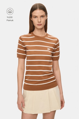 Ucla Mısha Kahve Çizgili Bisiklet Yaka Triko Nakışlı %100 Pamuk Standard Fit Kadın Tshirt Kahverengi