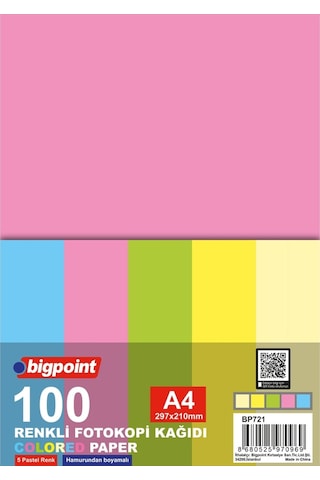 Bigpoint A4 Renkli Fotokopi Kağıdı 5 Pastel Renk 100'lü Paket