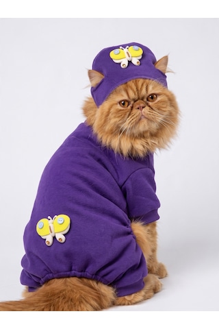 Violet Wings Kedi Bere Ve Tulum Kombini Mor Renk 3d Kelebek Aksesuarlı Penye Kedi Kıyafeti 2 Parça