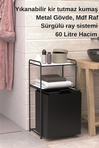 2 Katlı Çamaşır Sepeti Kirli Sepeti Beyaz Raflı Banyo Dolabı Banyo Düzenleyici Organizer Mat Siyah Mg100 Siyah