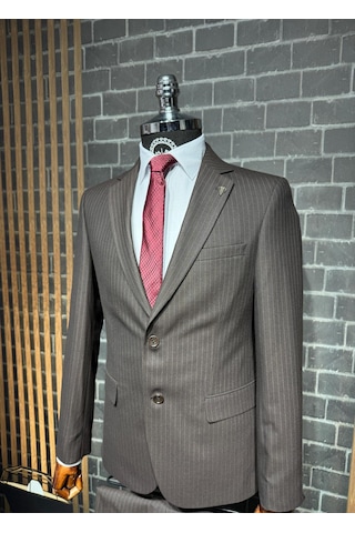 Dupont Classics Dupont Erkek Slim Fit 6 Drop Çizgili Viskon Mono Yaka Çift Düğme Çift Yırtmaç 2 Li Takım Elbise Kahverengi