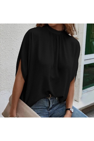 Yaz Dantel-up Leopar Baskı Batwing Kısa Kollu Bluz Zarif Gevşek Rahat Standı Yaka Gömlek Moda Şık Üstleri Kadın 25320 Siyah