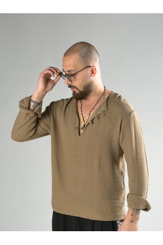 Cocopelli Tasarım Kahverengi Düğme Detaylı Erkek T-shirt Coc2869