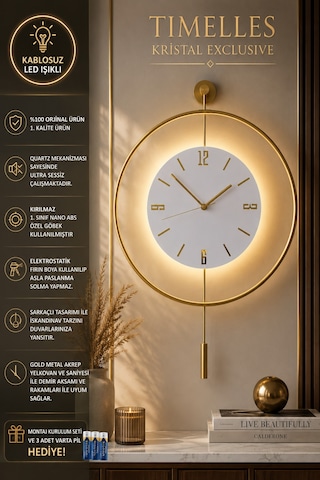 MetaQuartz Aksesuar (Büyük Boy-50*75 cm) İskandinav Kristal Ledli Pilli Duvar Saati Gold