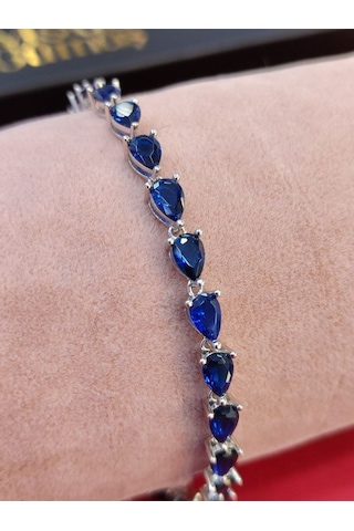 Modagümüşevi 925 Ayar Gümüş Safir Zirkon Taşlı Su Yolu Kadın Bileklik