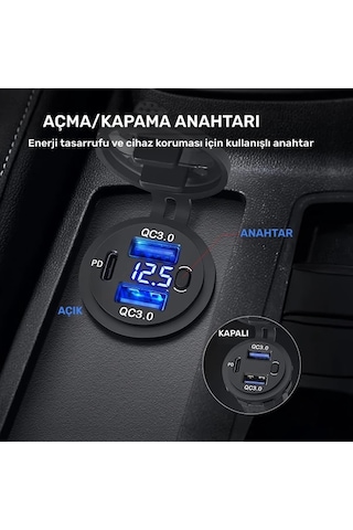 Boatshop1 Üç Arayüzlü Usb Type-c Qc3.0 Pd3.0 Uyumlu Led Ekranlı Yeşil Işık Çizgili Araba Şarj Cihazı 12v 24v Araçlar İçin