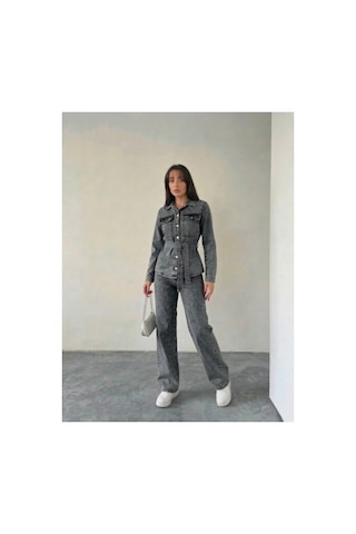 Bluemarlin Kuşaklı Kar Siyah Ceket Pantolon Denim İkili Takım Kar Siyah