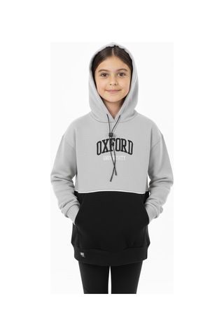 Kapşonlu Oxford Baskılı Kanguru Cepli Kız Çocuk Sweatshirt-90862 Gri