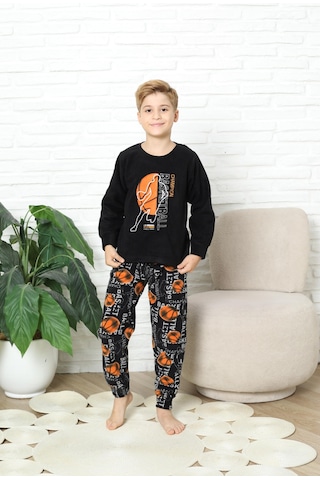 Yeni Stil Sonbahar/kış Erkek Çocuk Basketball Desenli Polar Pijama Takımı 4562 Siyah