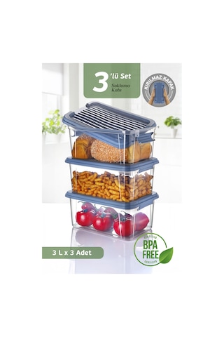 3'lü Set 3l Kilit Kapaklı Erzak Saklama Kabı Difriz Buzdolabı Düzenleyici Un Bakliyat Saklama Kutusu Mavi