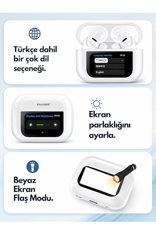 Akıllı Ekranlı Bluetooth Kulaklık Dokunmatik Ekranlı Şarj Kutusu Beyaz